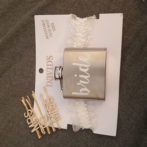 Flask, garter & hair pins